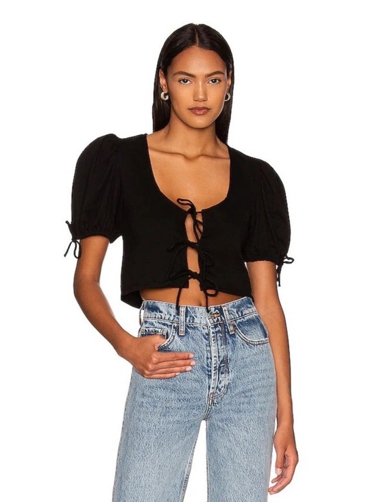 Free People Tops - Free People Women's Black Tie-Front Puff Sleeve Top